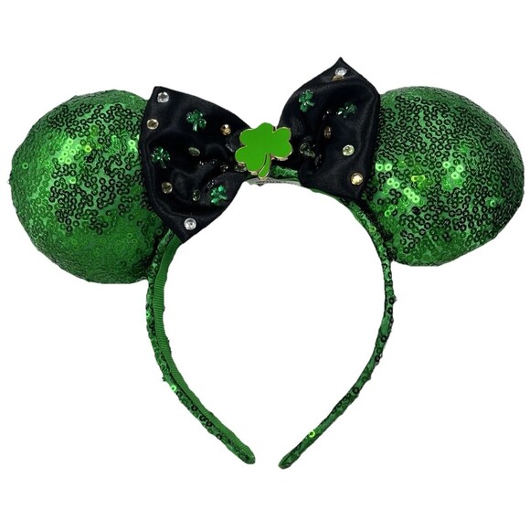 Disney Minnie Mouse Ears Headband Green and Black Sequins St Patrick's Day EUC - Picture 1 of 4